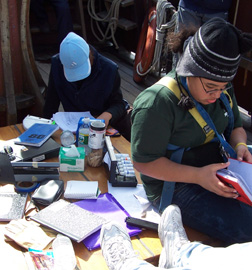 Alex and Alex compile their notes around an aft hatch piled high with notebooks and scientific equipment.
