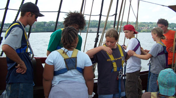 Mr. Dawson, Colley, and Morel instruct Madena, Ericka, Adam, and Ciara on the use of their safety harnesses.