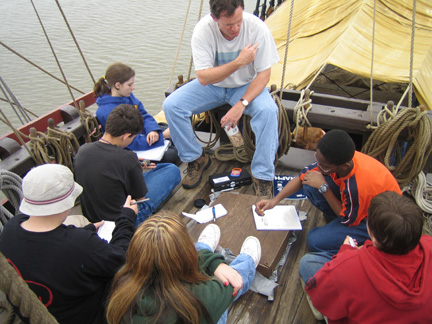 On the foredeck, Mr. Linehan introduces the gathered students to the scientific equipment.