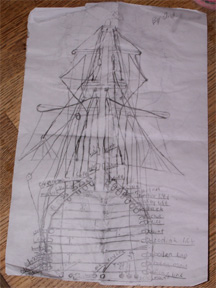 Andi's hand-drawn diagram of the main mast's running lines.