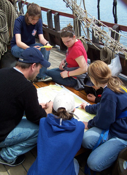 Mr. McDonald supervises as Sam, Ginny, Kiera and Emily predict how long it will take the ship to reach Albany.
