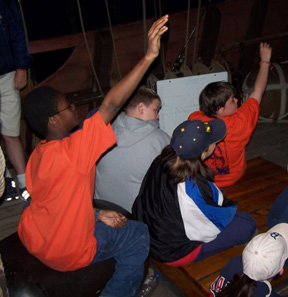 Jamar and Daymien shoot their hands up to question the weather team.
