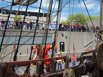 A hearty crowd greets the ship's arrival.
