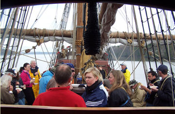 A view from the helm as the crew gathers for lunch.