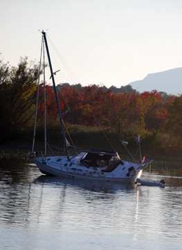 A sailboat run aground at the mouth of a creek.