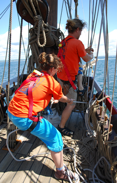 Mr. Van Grondelle sweats the anchor tackle while Ms. Koenen tails.