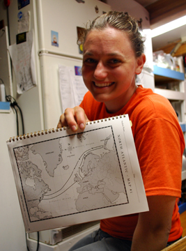 Rachel Laufer shows off a map of Hudson's route from the New Netherland 7th grade curriculum.