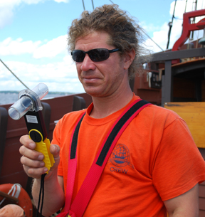 Mr. Van Grondelle tries out a anemometer as his hair and clothes whip around him.