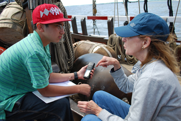 Dr. Jacobs shows Jose how to operate a GPS unit.