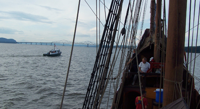 The Half Moon passes the Launch 5 south of the Tappan Zee Bridge.