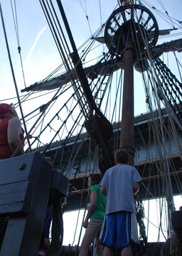 The Half Moon's fore mast passes under the Agassi Bridge.