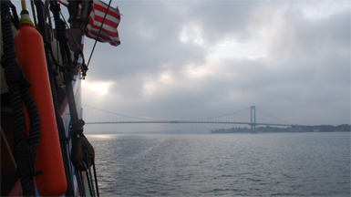 A misty view of the Throgs Neck Bridge.