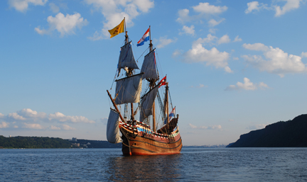 The Half Moon under full sail off the Palisades.