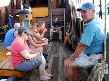 Most of the crew relaxes on the weather deck.