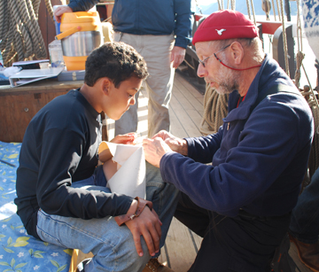 Mr. Gans teaches Matt how to craft a canvas bucket.