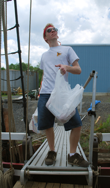 Mr. Boudreau carries groceries in dramatic fashion.