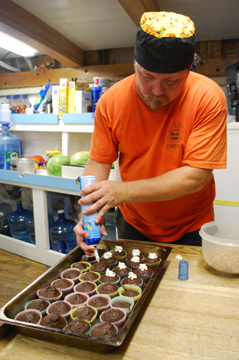 Mr. Wolfe ices a tray of cupcakes in the galley.
