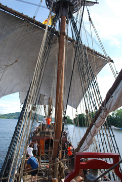 Wind fills the main course.