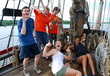 Jack, Alex, Matt G., Abby, and Alanna look excited by the fore mast.