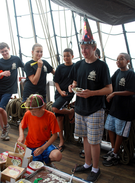 Nick and Alex wearing party hats.