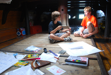 Matt G. and Alex look over props for a scene on the orlop deck.