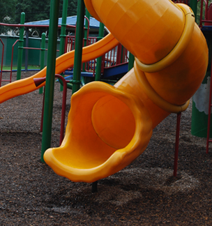 Alex discovers that the slide is full of water.