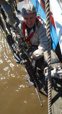 The anchor lowers to the waterline.